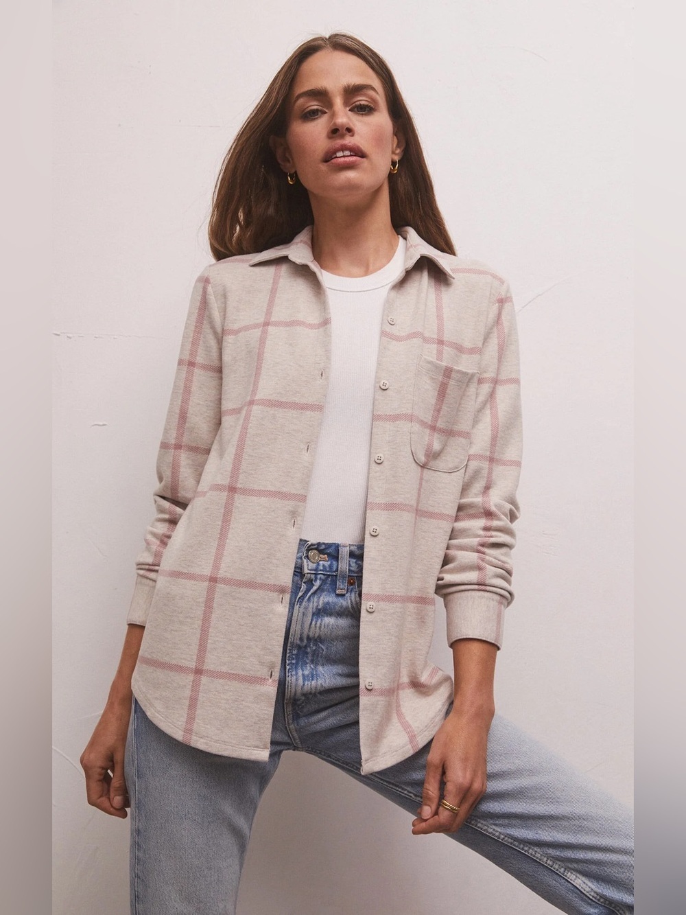 Z Supply Zenith Plaid Button Down Shirt Oversized Dusty Rose Taupe Size Small